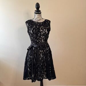 Betsy & Adam Black Lace Fit & Flare Cocktail Dress Size 6 Made in USA Belted LBD